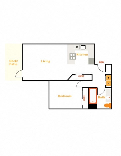 Floor plan for 1 bed, 1 bath, 740 sqft
